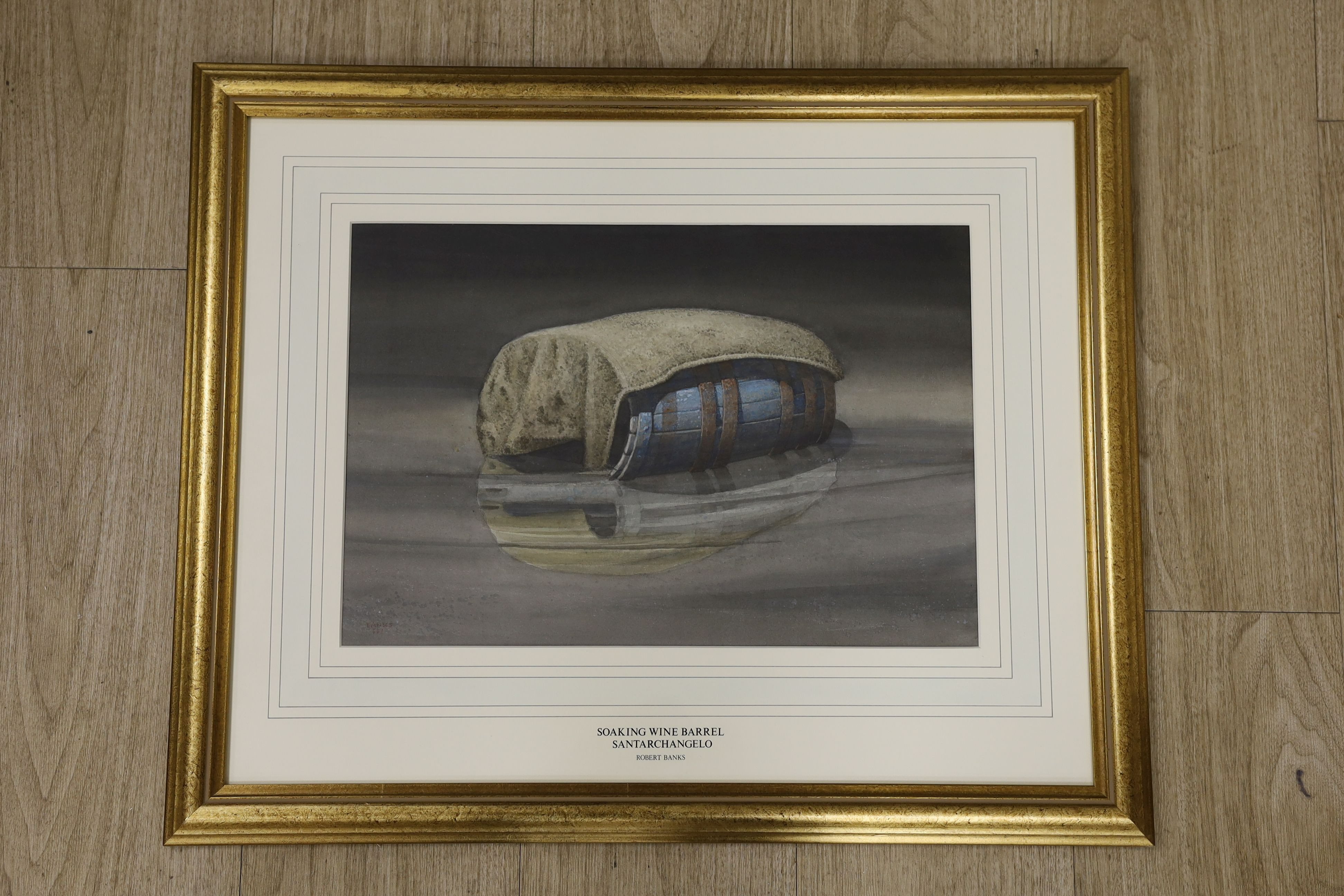 Robert Louis Banks (1911-2000), watercolour, 'Soaking wine barrel, Santarchangelo', signed, and numbered 551, 28 x 42cm